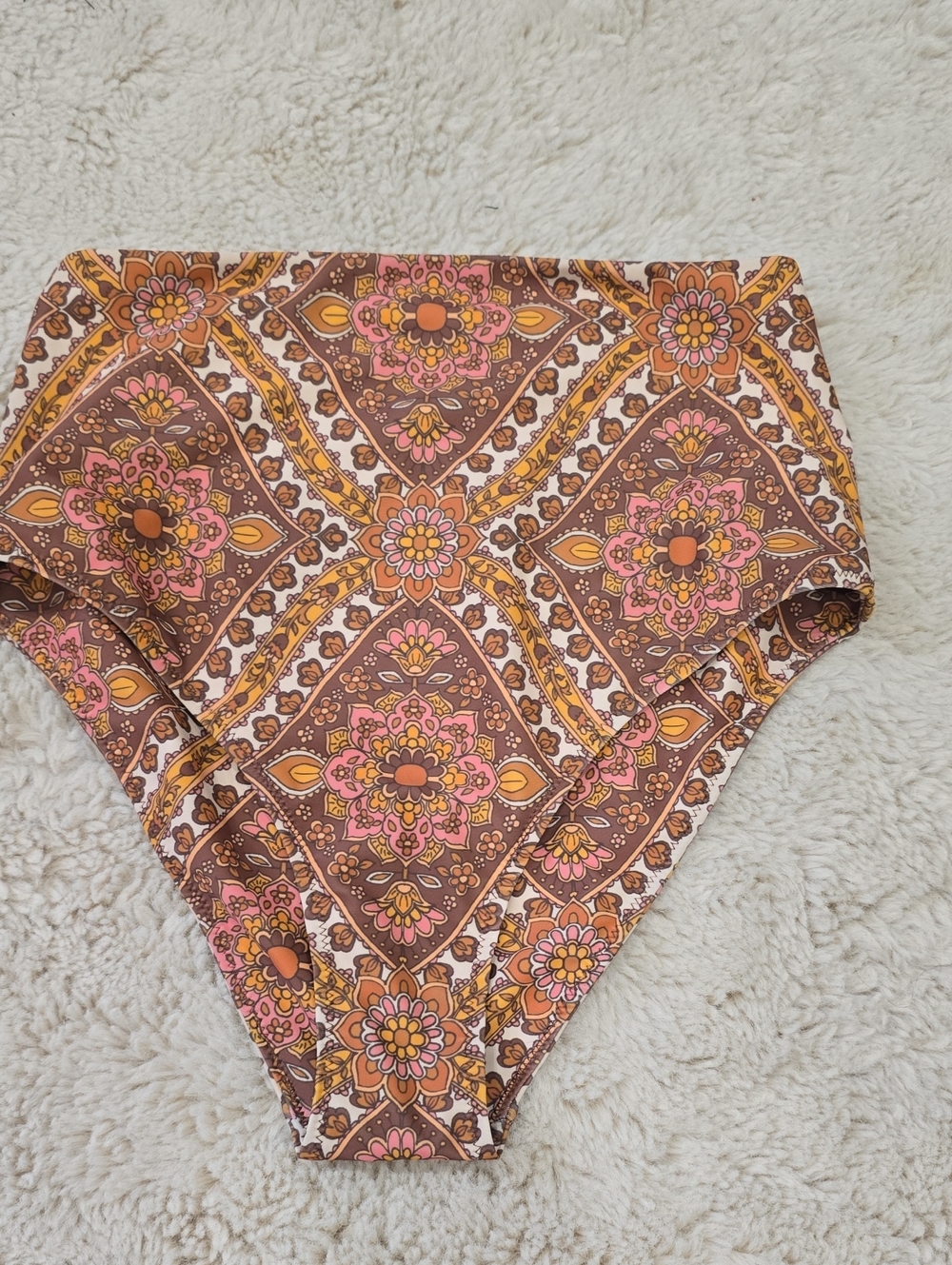 High-Waist Floral Print Bikini Bottoms in Brown and Pink